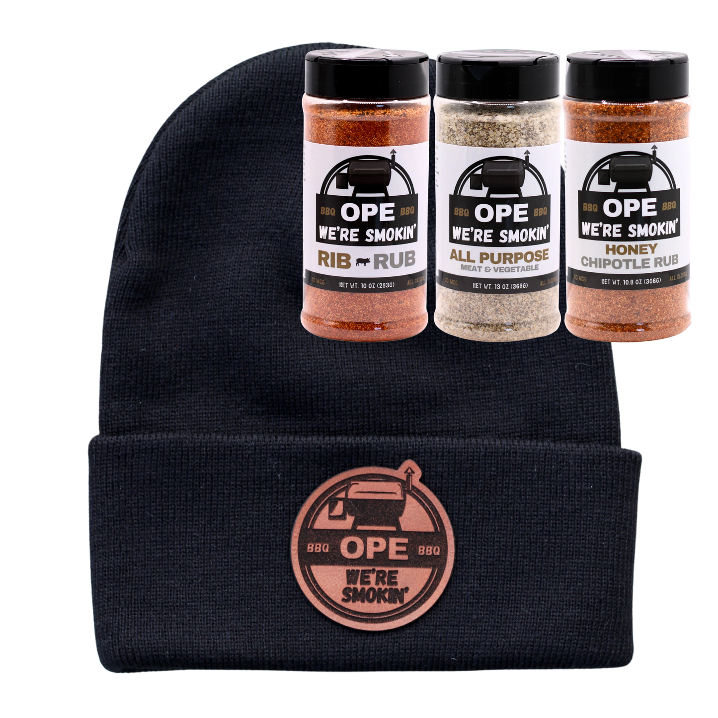 Smoker Combo - Black Beanie + Rib Rub, All Purpose Seasoning & Honey Chipotle